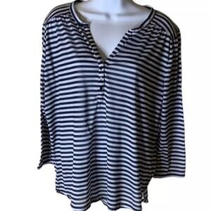 H&M Blouse Size Large Long Sleeves Navy Blue & White Stripes Button Front Top